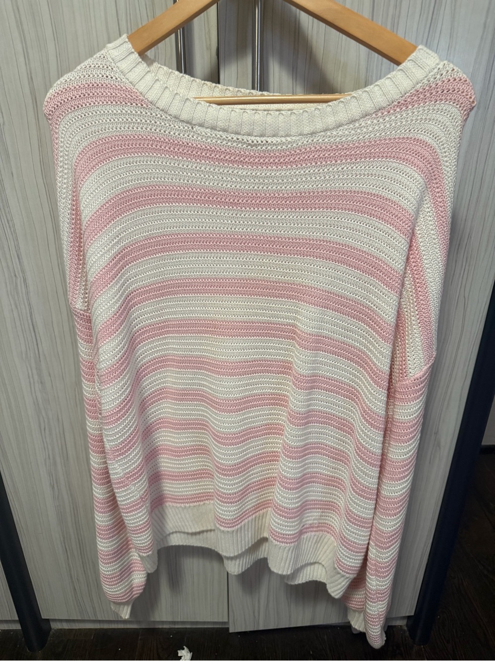 Edikted Cream and Light Pink Striped Crewneck Sweater